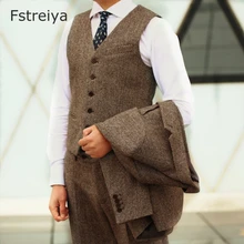 Custom made high quality Wool mens suits with vest and pants customes men herringbone waistcoat customized mens clothes 3 pieces