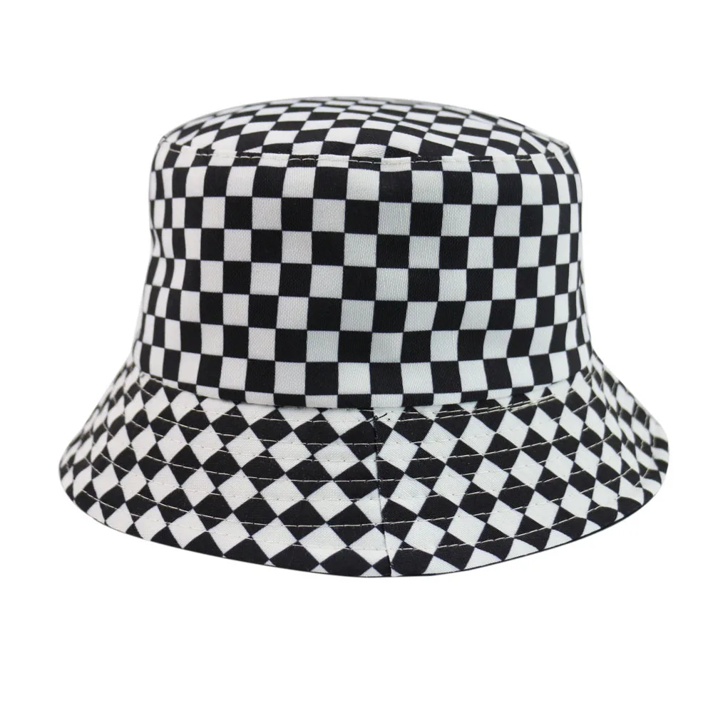 

Winfox New Hip Hop Black White Plaid Checked Bucket Hats Fisherman Caps Women Mens