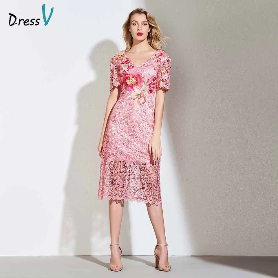 Dressv, коктейльное платье, элегантное, v-образный вырез, длина до середины икры, вышивка с короткими рукавами, кружево, цветок, свадебное, вечернее платье, коктейльные платья - Цвет: As the picture