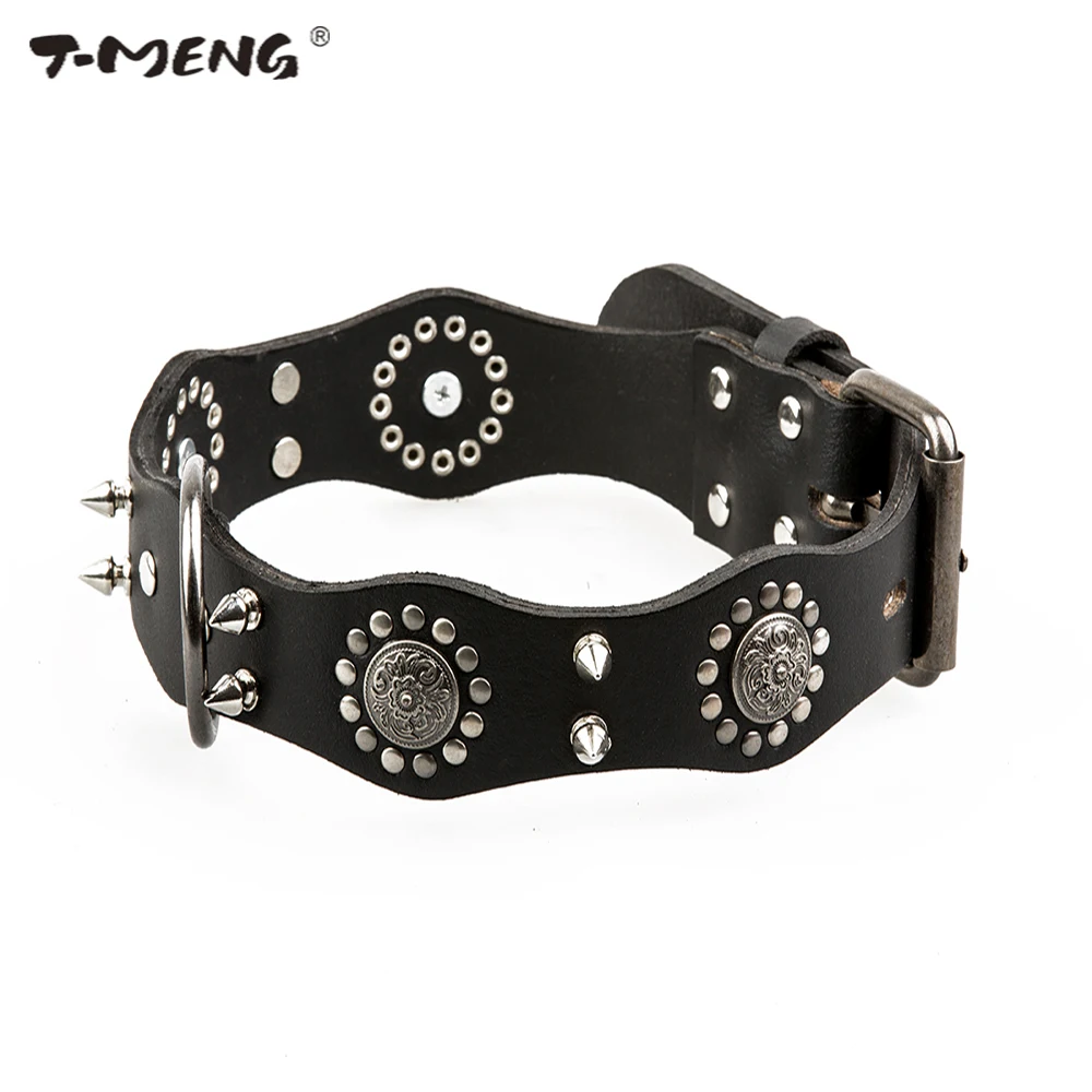 

T-MENG Pet Dog Collar Genuine Leather Retro Style Sharp Spiked Studded For Medium Large Breeds Pitbull Pet Products Acessorios