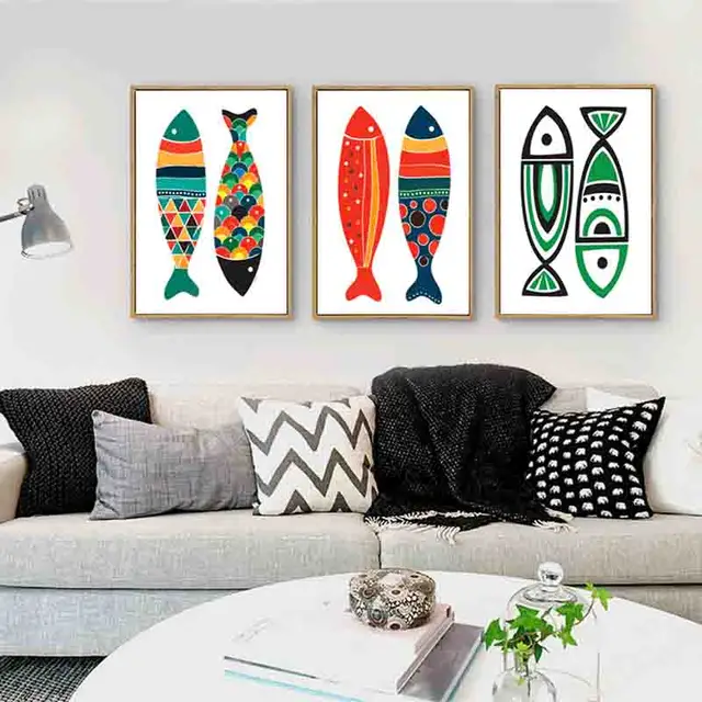 creative mediterranean style artwork painting abstract colorful fish simple canvas print fresh wall posters for kids