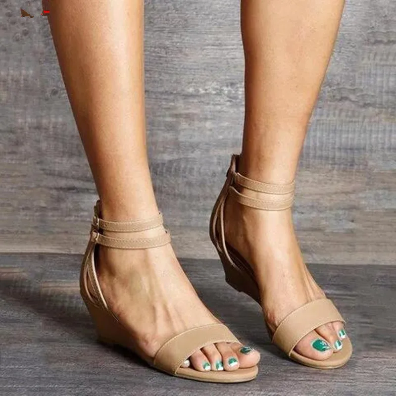 

2019 New Ladies Sandals Summer Wedges Retro Casual Shoes with Heel Wedges with Buckle Solid Color Wear Women's Sandals