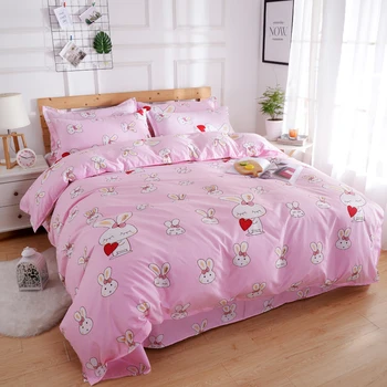 

Pink Color Cartoon Style Quilt Cover sets Queen Size Bedding Set for Kids Cute Rabbit Printing Beddings 4pcs for Girls