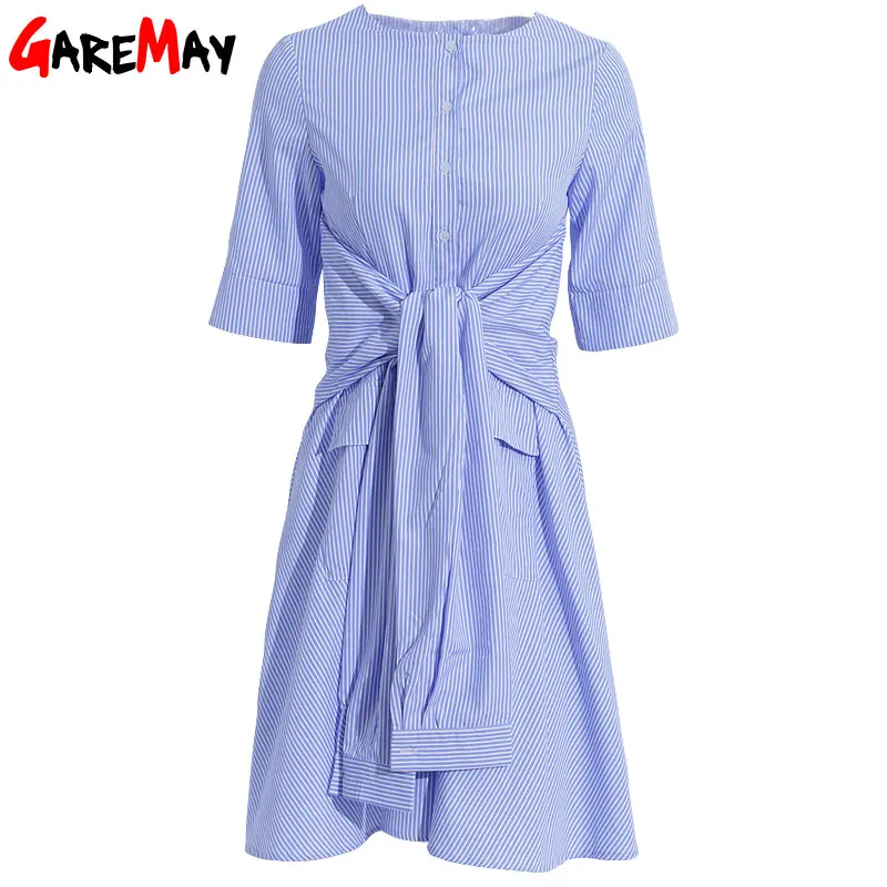 Vintage Dress Shirt Women Tunic Summer O Neck Casual Striped Dresses Elegant Cotton Female
