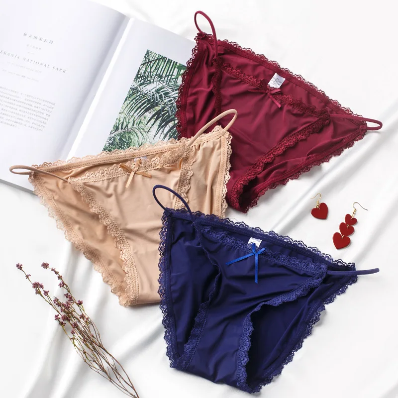 

Slim women's underwear women's cotton file antibacterial ice silk sexy lace low waist no trace large size briefs