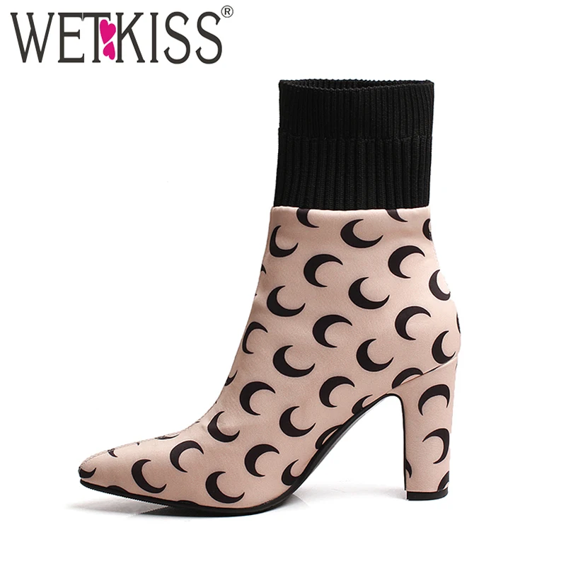 

WETKISS Autumn Lycra Ankle Boot Women Knitting Pointed Toe Footwear High Heels Sock Shoes 2018 New Printing Female Party Bootie