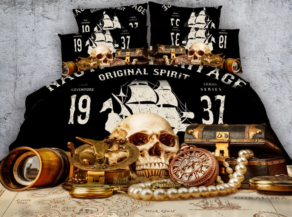 3pcs Pirate Elements King Queen skull bedding set 3d skulls bed sheets