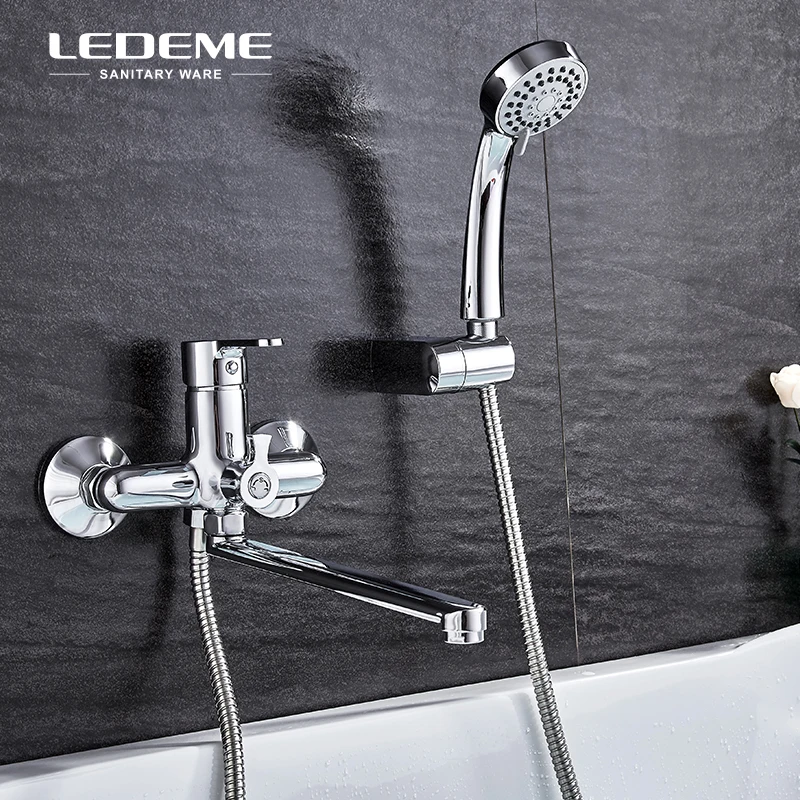 

LEDEME Bathtub Faucet Shower Set Brass Body Showers with 3-Function Handhead ABS Shower Head Long Spout Bathroom Shower Tap