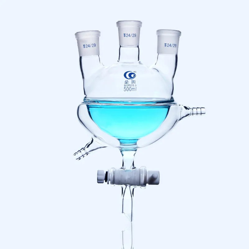 Thickened Double Layer Circular Bottom Three Mouth Flask with Discharge Valve Jacket Half Package Three Mouth Flask