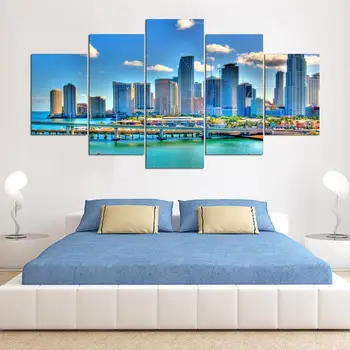 

HD Printed Decor Living Room Wall 5 Pieces Miami Florida City Downtown Scenery Painting Art Poster Frame Modular Canvas Pictures