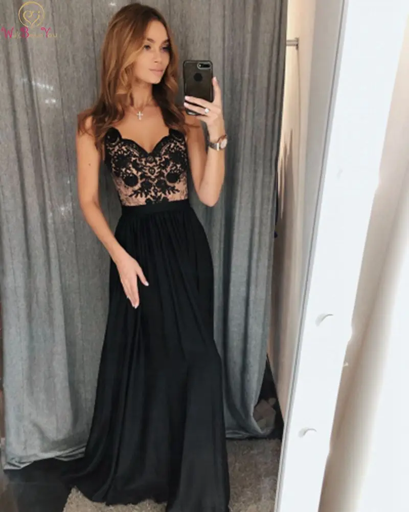 

Black Sweetheart Neck Prom Dresses Elegant for Girls 2019 New Long Appliques Satin abendkleider A Line Sleeveless Evening Gowns