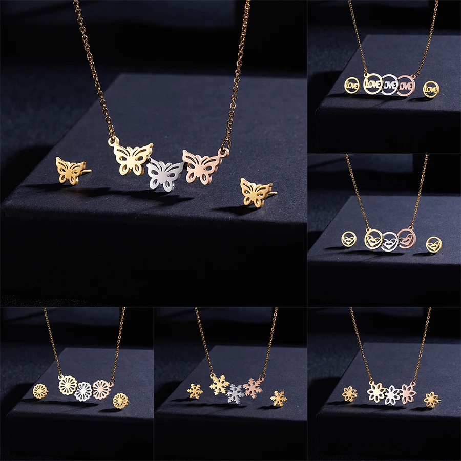 

Belleper Tri-color Butterfly Hollow Stainless Steel Necklace Earrings Set Women Love Round Heart Snowflake Flower Jewelry Set
