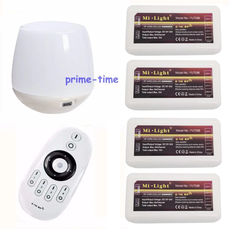 

1x 2.4G RF Wireless 4-Zone Touch Remote +4x DC12-24V 10A Mi.light RF Brightness Adjustable Dimmer Controller +1xWiFi iBox Set