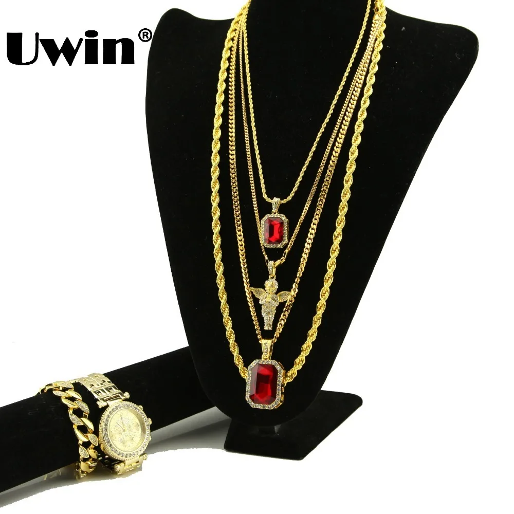 

Hiphop 6 Pieces Set Red Stone Micro Praying Angel Pendant Rope Chain Big Square Gem Cuban Chain Iced Out Bracelet & Watch Set