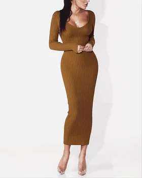 

Fashion Women Sexy Backless Basic Lady Dresses Bodycon Dress Solid Knit Off Shoulder Dress long Sleeve Holiday Party Long Dress