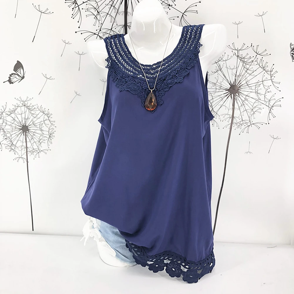 Summer Women Lace Flower Loose Sleeveless Tank Top Elegant Casual Plus Size S-5XL O-Neck T-shirt Female Solid Camisole Tops