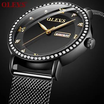 

OLEVS top brand luxury watch men calendar black dial diamond watches high quality men stainless steel gold clock reloj mujer