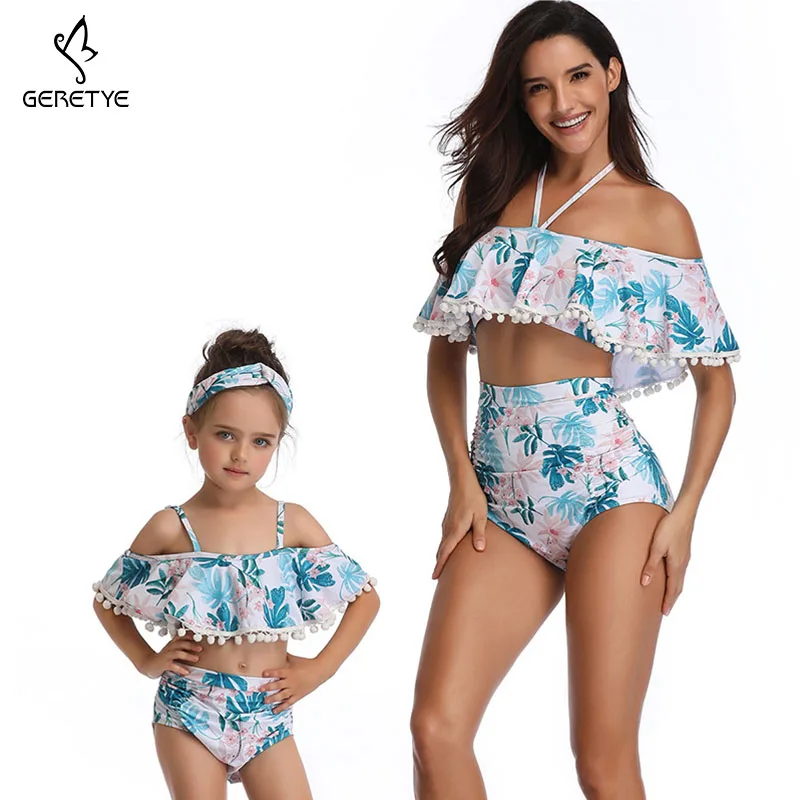 2019 Fashion Parent-child Swimwear New Floral Print Women Child Two Pieces Falbala Halter Tops Female Kid Suit Sexy Swimsuit