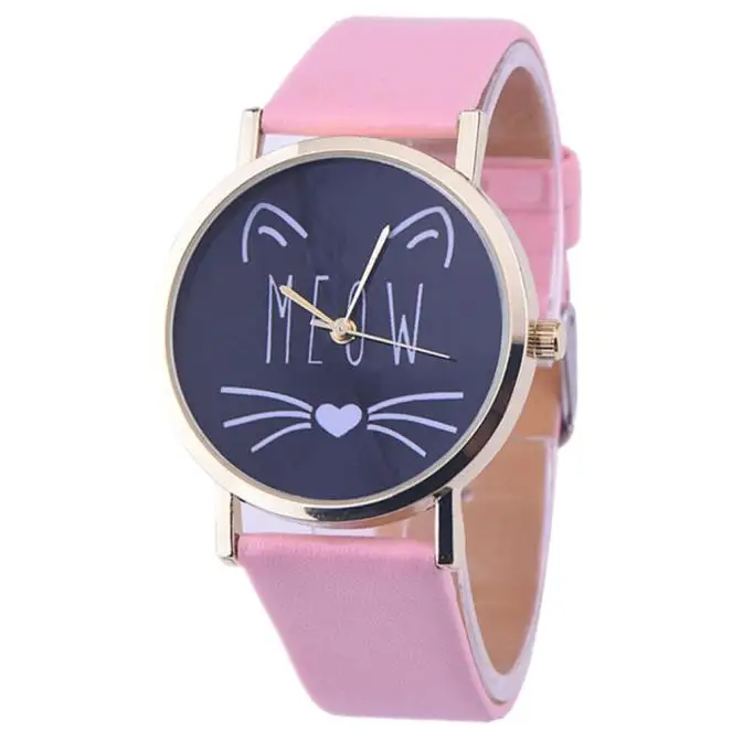 Часы Montre женские модные часы 2016 роскошные с милым рисунком кошки ремешок из