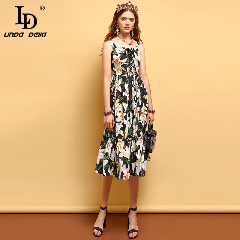 

LD LINDA DELLA Summer Fashion Dress Women's Sexy Spaghetti Strap Bow Tie Ruffles Pleated Floral Printed Elegant Vintage Dress