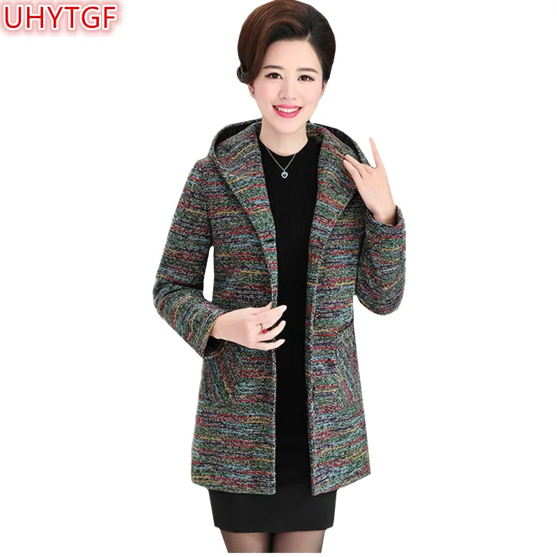 

UHYTGF Spring Autumn Jacket Women Clothing Hooded Coat Single-breasted Long sleeve Top Loose Casual Jacket 5XL Plus size coat 44