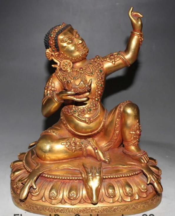 

10"Tibet Buddhis Lhasa Fane Bronze 24K Gold Gem Deer Head Milarepa Buddha Statue