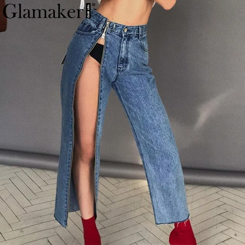 Glamaker Sexy zipper denim jeans Women high waist casual fitness blue jeans Female winter streetwear straight denim pants bottom Glamaker Sexy zipper denim jeans Women high waist casual fitness blue jeans Female winter streetwear straight denim pants bottom