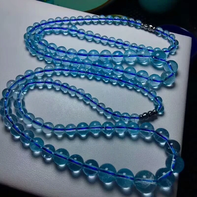 

Top Quality Natural Blue Topaz Necklace Crystal Clear Round Beads 6-12mm Woman Gemstone Long Chain Necklace Grade AAAAAA