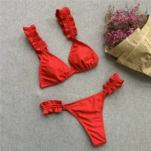 Для женщин Два Купальник Strappy однотонный бикини купальник с рюшами пляжная красный пикантный зауженный с высокой costumi da bagno donna