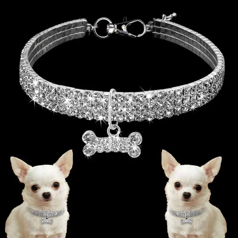 

Cute Dog Collar Shining Diamonds Faux Dog Jewels Necklace Puppy Cat Elastic Collar with Bone Pendant Pet Cat Dog Accessory