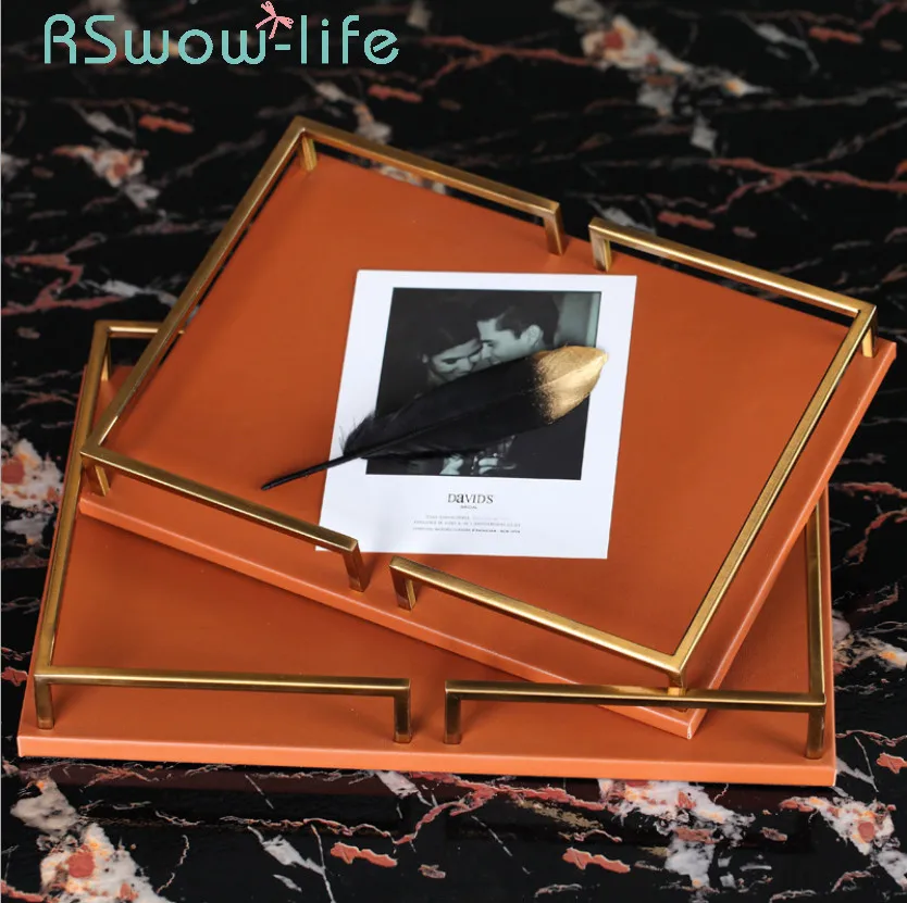 

Simple Modern Leather Rectangular Trays Light Luxury Orange Blue Crafts Ornaments Cosmetics Jewelry Storage Tray Serving Tray