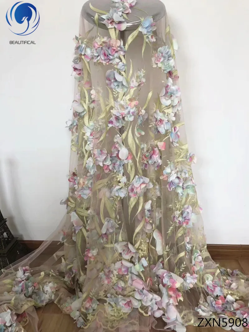 

Beautifical 3d embroidery lace fabric 2018 high quality 3d flowers lace fabrics african tulle lace for women 5yards/lot ZXN59