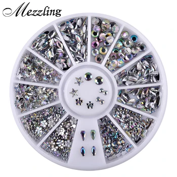 

1 Box Bling AB Acrylic Nail Art Rhinestones Wheel Glitter Dropwater Bow Designed DIY Manicure Decorations