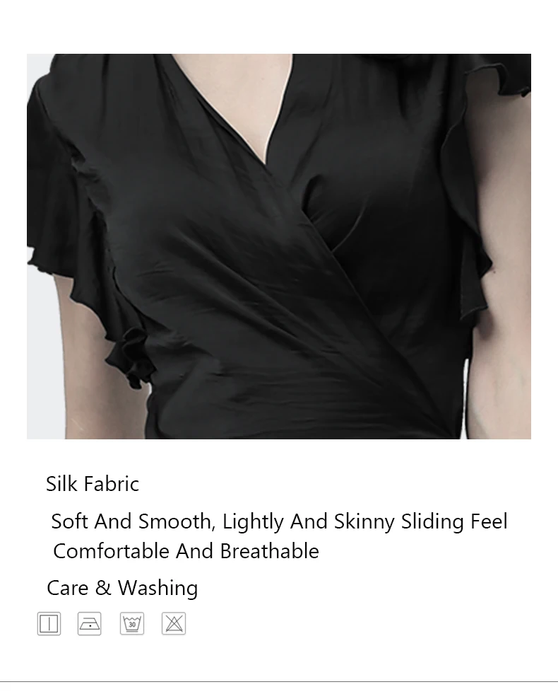 Silk Blouse Women Tunic Tops With Belt Crossed Lace Up Summer Cardigan Short Sleeve Sexy V-Neck Slim Black Women' Shirt