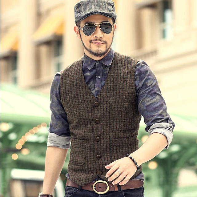 New England Vintage Mens woolen tweed casual suit vest Slim fit Vest