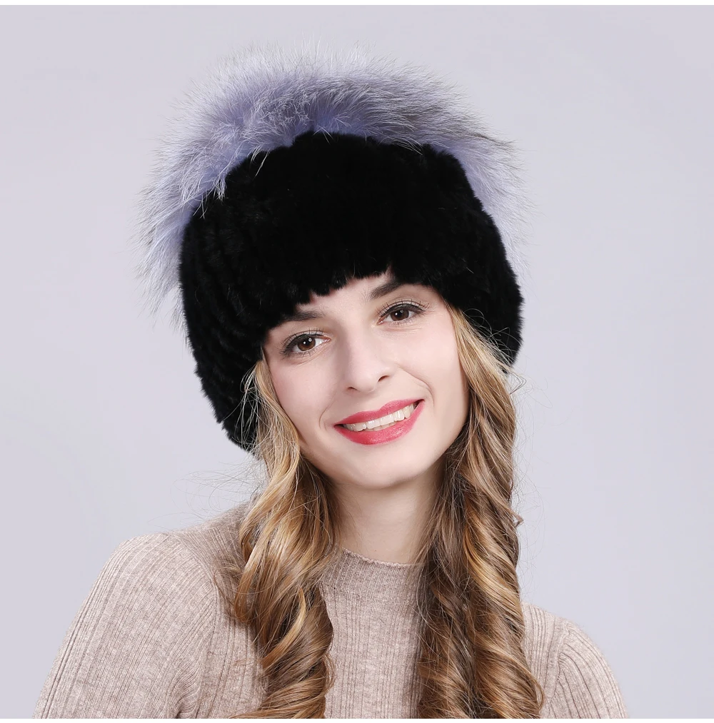 Outdoor Women Warm Soft Genuine Rex Rabbit Fur Hat Knitted Natural Real Sliver Fox Fur Caps Winter Real Rabbit Fur Beanies Hats