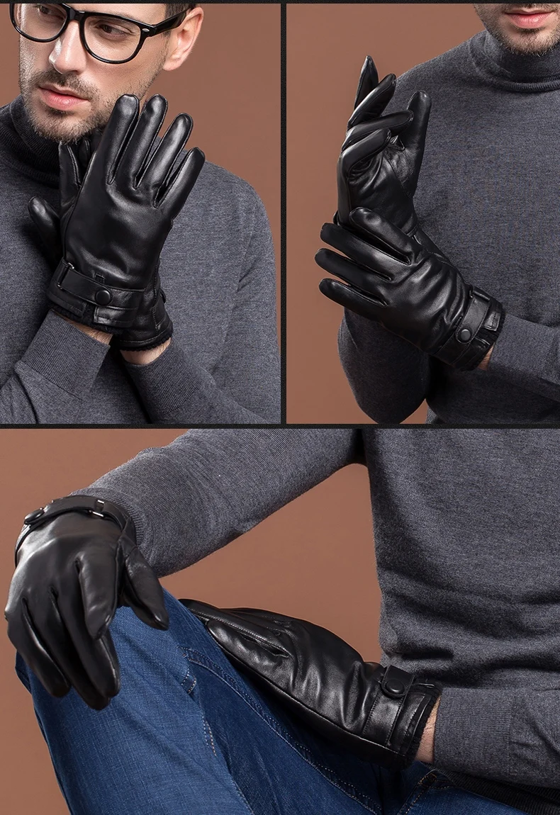 YY5225 новые зимние теплые мужские черные толстые перчатки из натуральной кожи для папы вождения/мотоцикла шерстяные флисовые бархатные кнопки Eldiven