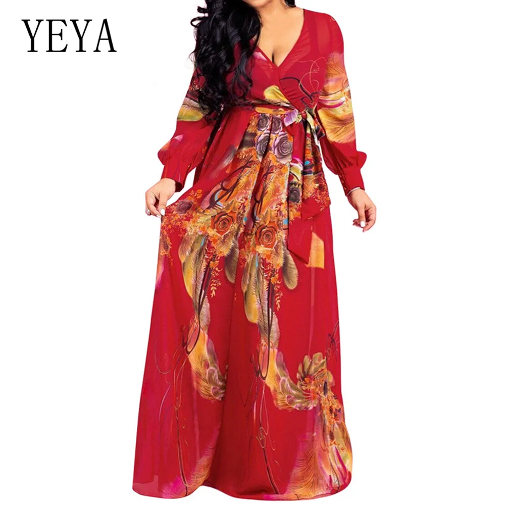 

YEYA Bohemian Style Plus Size XXL Elegant V Collar Flower Print Long Sleeve High Quality Chiffon Maxi Dress Women Autumn Dress