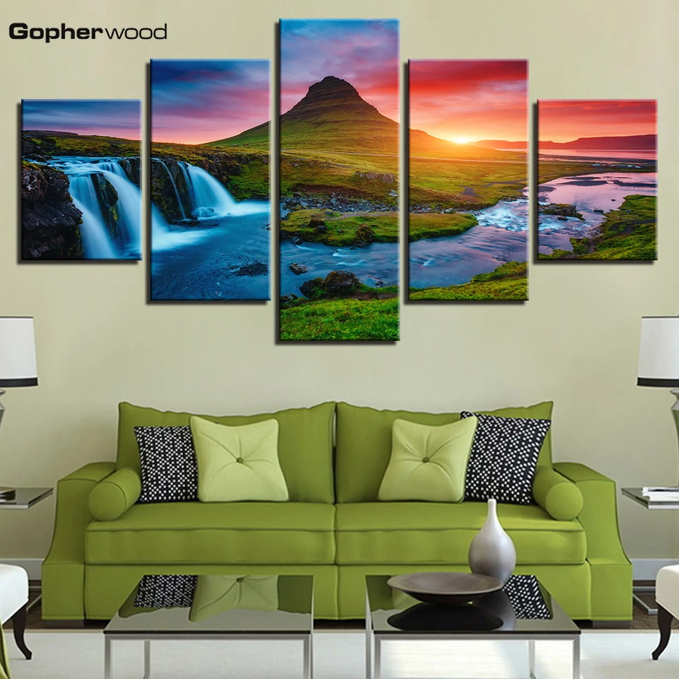 

Wall Art Canvas Prints Pictures 5 Pieces Beautiful Iceland Waterfall Paintings Green Mountain River Landscape Posters Home Decor