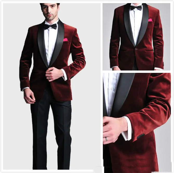 

Burgundy Velvet Slim Fit Groom Tuxedos Wedding Suits Custom Made Groomsmen Best Man Prom Suits Black Pants (Jacket+Pants+Bow Tie