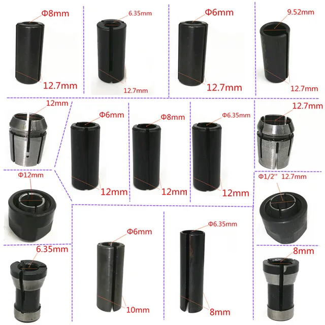 6mm 8mm 10mm 12mm 12.7mm 1/2" 1/4" 3/8" Adapter Router chuck Collet