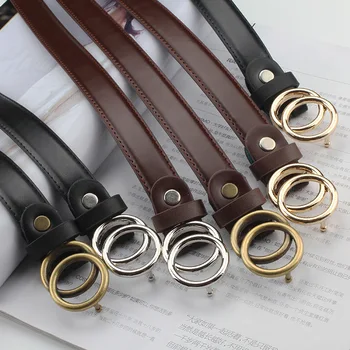 

New Pattern Casual Eyelets PU Leather Belt For Women Female Gold Round Pin Buckle Wide Jean Waist Belt Double Loop Smooth Buckle
