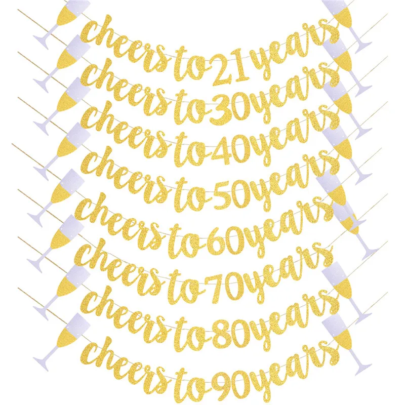 

Gold Cheers To Years Banner Garland for 30th 40th 50th 60th 70th 80th 90th Birthday Party Wedding Anniversary Decor Supplies