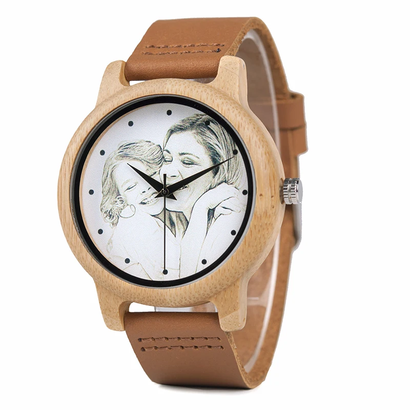 Custom Brand Your Own Photo Watch Unique Bamboo Wood Leather Causal Quartz Men Watches Customized Logo Birthday Gift For Lovers