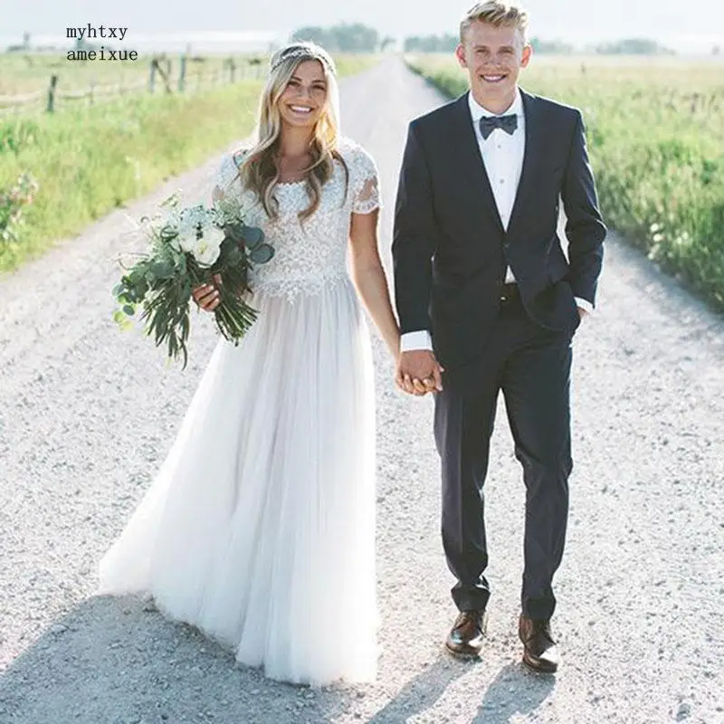 

Sexy Cheap Wedding Dress Short Sleeves Scoop Lace Top A Line Tulle Skirt Beach Bride Dress Boho Wedding Gown Free Shipping 2020