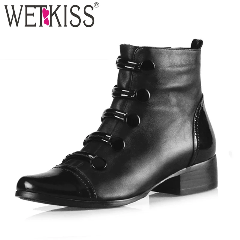 

WETKISS Patent Leather Ankle Boots Women Round Toe Button Zip Footwear Motorcycle Boots Female Thick Heels Shoes Woman Winter