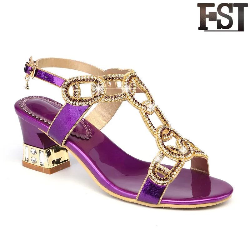 

FSJ Sandals Women Purple Shoes Microfiber Square Heels High Heel Buckle Strap Solid Crystal Rubber Synthetic Elegant EU Size 40