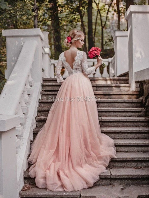 White & Pink Wedding Dresses Sexy V Neck Lace Applique A Line Tulle Bridal  Gown