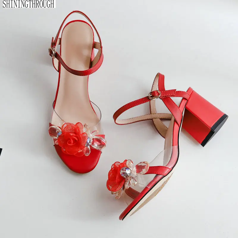 

summer women sandals open-toe genuine leather 6cm high heel buckle strap flowers sweet ladies red black summer women shoes