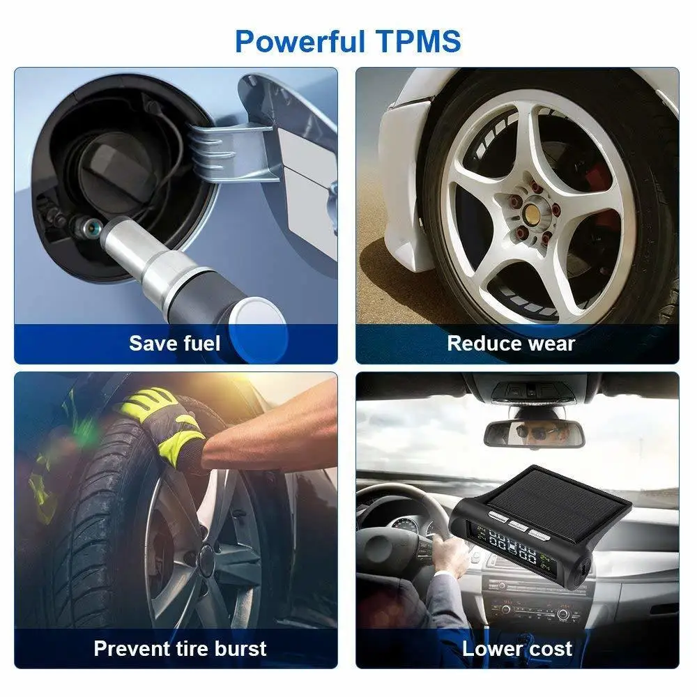 Smart Car TPMS Tyre Pressure Monitoring System Solar Power charging Digital LCD Display Auto Security Alarm Systems